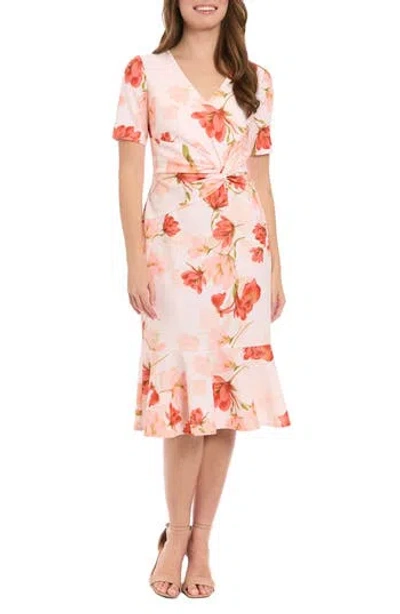 London Times Twist Flounce Floral Print Dress In Ivory Peach