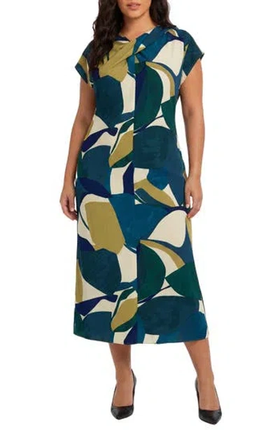 London Times Twist Neck Short Sleeve Midi Dress In Blue