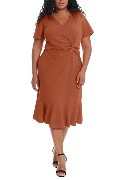 London Times Twist Waist Ruffle Skirt Sheath Dress In Sequoia In Brown