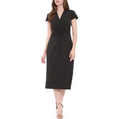 London Times V-neck Cap Sleeve Ruched Midi Sheath Dress In Black