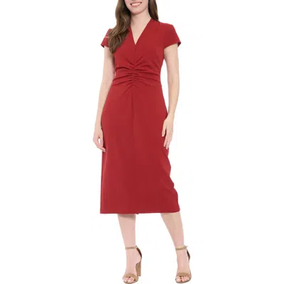 London Times V-neck Cap Sleeve Ruched Midi Sheath Dress