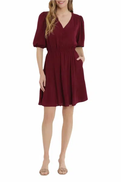 London Times V-neck Faux Button Front 3/4 Sleeve Elastic Cuff Dress In Oxblood In Red