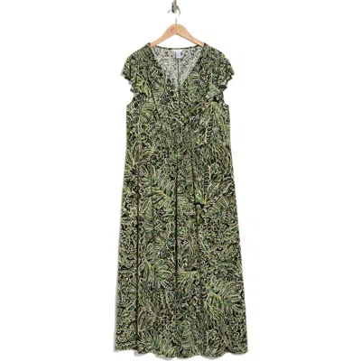 London Times V-neck Flutter Sleeve Maxi Dress In Multi