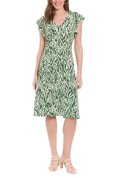London Times V-neck Ruffle Midi Dress In Olive/ivory