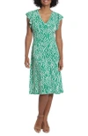 London Times V-neck Ruffle Sleeve Midi Dress In Green/ivory