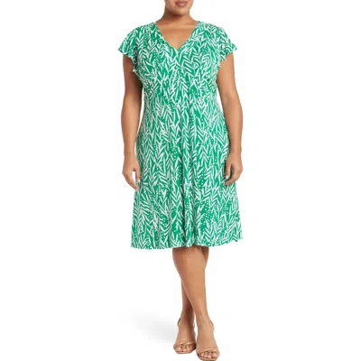 London Times V-neck Ruffle Sleeve Midi Dress In Green/white