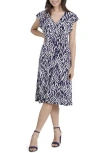 London Times V-neck Ruffle Sleeve Midi Dress In Navy/ivory