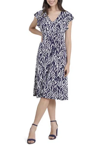 London Times V-neck Ruffle Sleeve Midi Dress In Navy/ivory