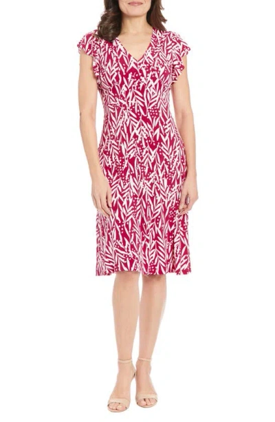 London Times V-neck Ruffle Sleeve Midi Dress In Wine/ Ivory