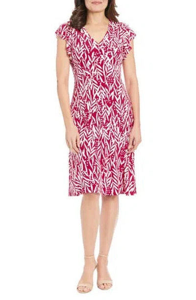 London Times V-neck Ruffle Sleeve Midi Dress In Wine/ivory