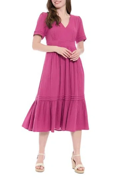 London Times V-neck Short Sleeve Midi Dress In Purple