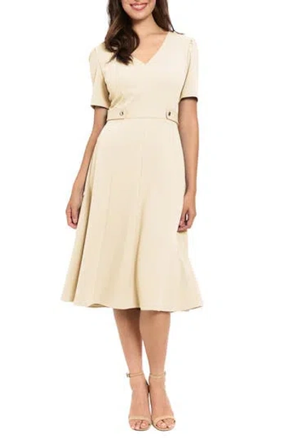 London Times V-neck Side Tab Fit & Flare Midi Dress In Neutral