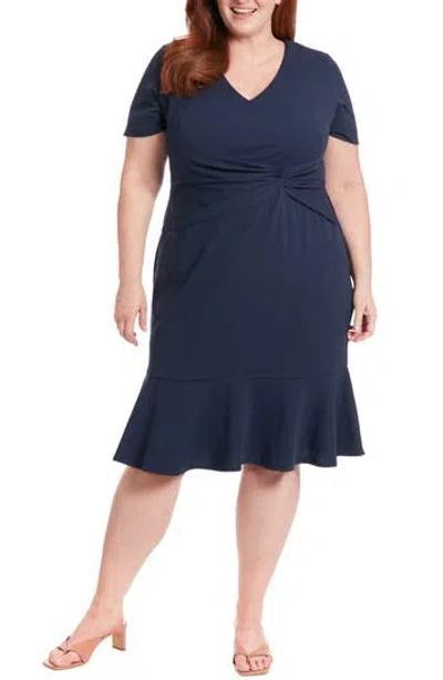 London Times V-neck Twist Midi Dress In Navy