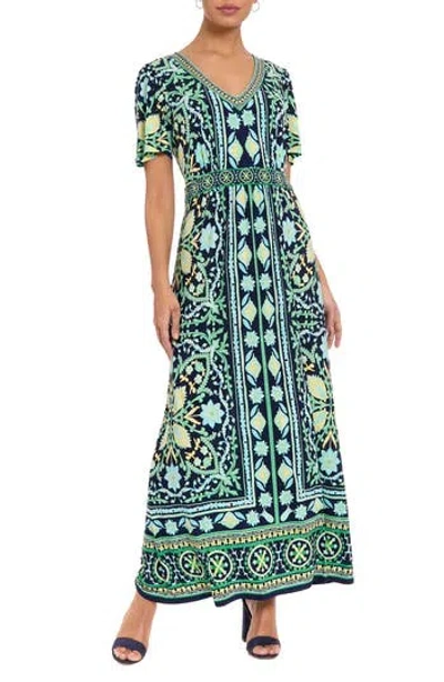 London Times V-neck Short Sleeve Maxi Dress In Green