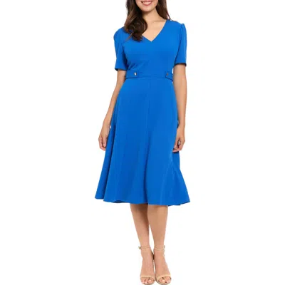 London Times V-neck Side Tab Fit & Flare Midi Dress In Blue
