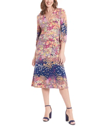 London Times Women's Bishop-sleeve Shirred Midi Dress In Navy,apricot