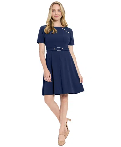 London Times Women's Boat Neck Fit & Flare Dress In Blue