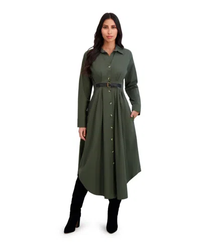 London Times Women's Collar Front Belted Shirt Dress In Green