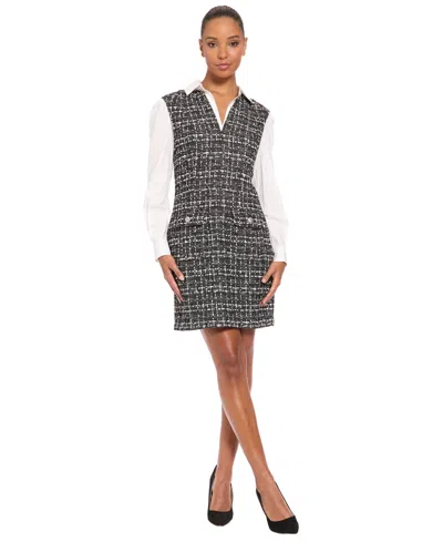London Times Women's Collared Long-sleeve Plaid Dress In Gray