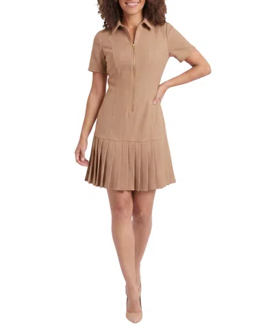 London Times Women's Collared Short-sleeve A-line Dress In Brown