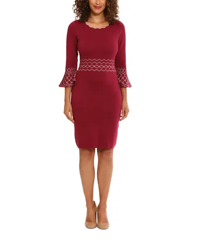 London Times Women's Contrast-stitch Bell-sleeve Sweater Dress In Fig