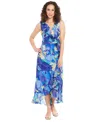 London Times Petite Floral Flutter-sleeve Ruffle Dress In Blue Multi