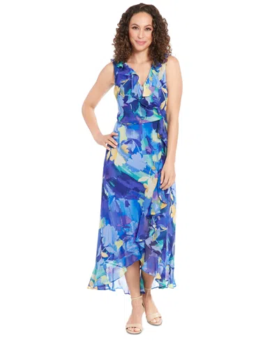London Times Women's Faux-wrap Ruffle-hem Maxi Dress In Blue Multi