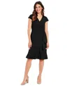 London Times Plus Size Pleated Flounce Surplice Dress In Black