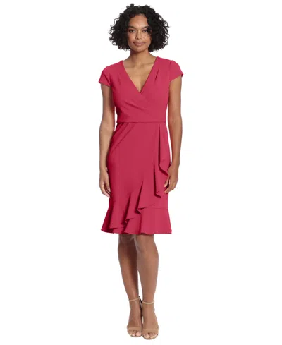 London Times Surplice Neck Ruffle Skirt Sheath Dress In Cherries Jubilee In Red