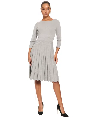 London Times Women's Fit & Flare Crewneck 3/4 Sleeve Sweater Dress In Gray