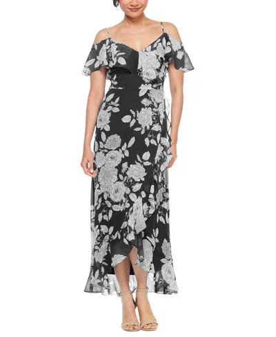 London Times Women's Floral Cold-shoulder Ruffle Dress In Blk,white