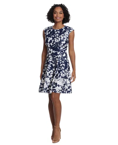 London Times Women's Floral-print Fit & Flare Dress In Navy Ivory