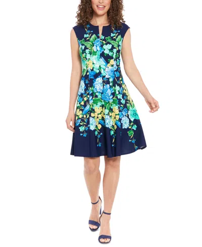 London Times Women's Floral-print Fit & Flare Dress In Navy,blue