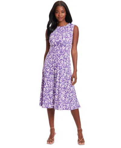 London Times Petite Floral-print Jewel-neck Dress In Lilac,white
