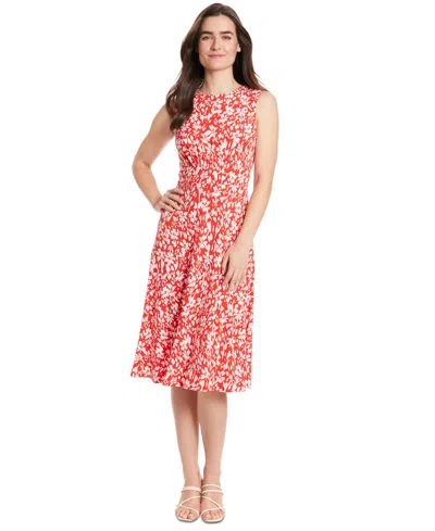 London Times Women's Floral-print Jewel-neck Midi Dress In Red,white