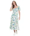 London Times Petite Linen-blend Floral-print Maxi Dress In Cream,denim Blue