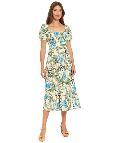 London Times Puff Sleeve Midi Sundress In Multi