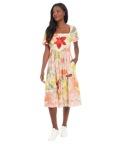 London Times Women's Floral-print Square-neck Puff Midi Dress
