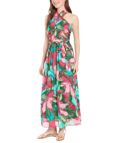 London Times Women's Floral-print Wrap-neck Tie-front Halter Maxi Dress In Green,pink