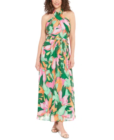 London Times Women's Floral-print Wrap-neck Tie-front Halter Maxi Dress In Pink Green