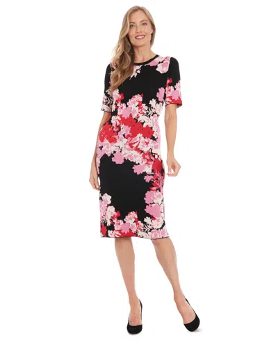 London Times Women's Floral Short-sleeve Midi Dress In Black,pink