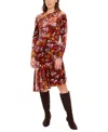 London Times Floral Long Sleeve Ruched Asymmetric Velour Dress In Red Multi