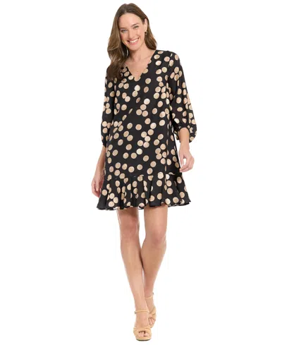 London Times Women's Flounce Shift Polka-dot Short-sleeve V-neck Dress In Black