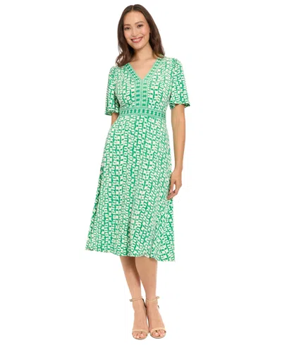 London Times Women's Framed V-neck Flutter-sleeve Flare Dress In Green
