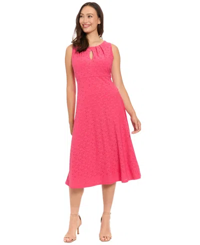 London Times Eyelet Keyhole Fit & Flare Midi Dress In Pink