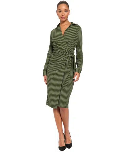 London Times Women's Long-sleeve Collared Striped Midi Dress In Rifle Green