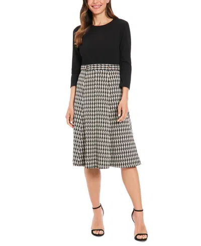 London Times Women's Mixed Media Houndstooth Dress In Ivory,blk