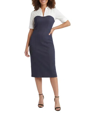 London Times Women's Mixed Media Short-sleeve Midi Sheath Dress In Blue