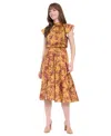 London Times Women's Mock Neck Flutter Sleeves Dress In Yellow