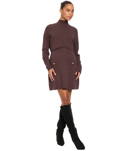 London Times Women's Mock Neck Long-sleeve Two-piece Sweater Dress In Brown
